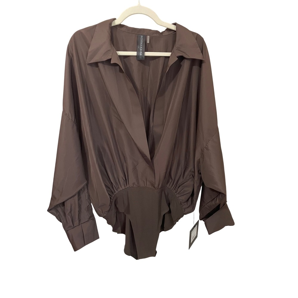 Norma Kamali Chocolate Brown Super Oversized Boyfriend NK Shirt Bodysuit Size L